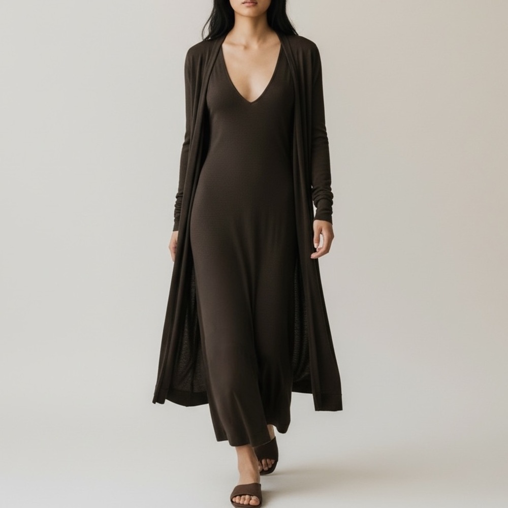 Donna Karan Collection V-Neck Maxi Dress With Wrap Cardigan In Brown | Size M